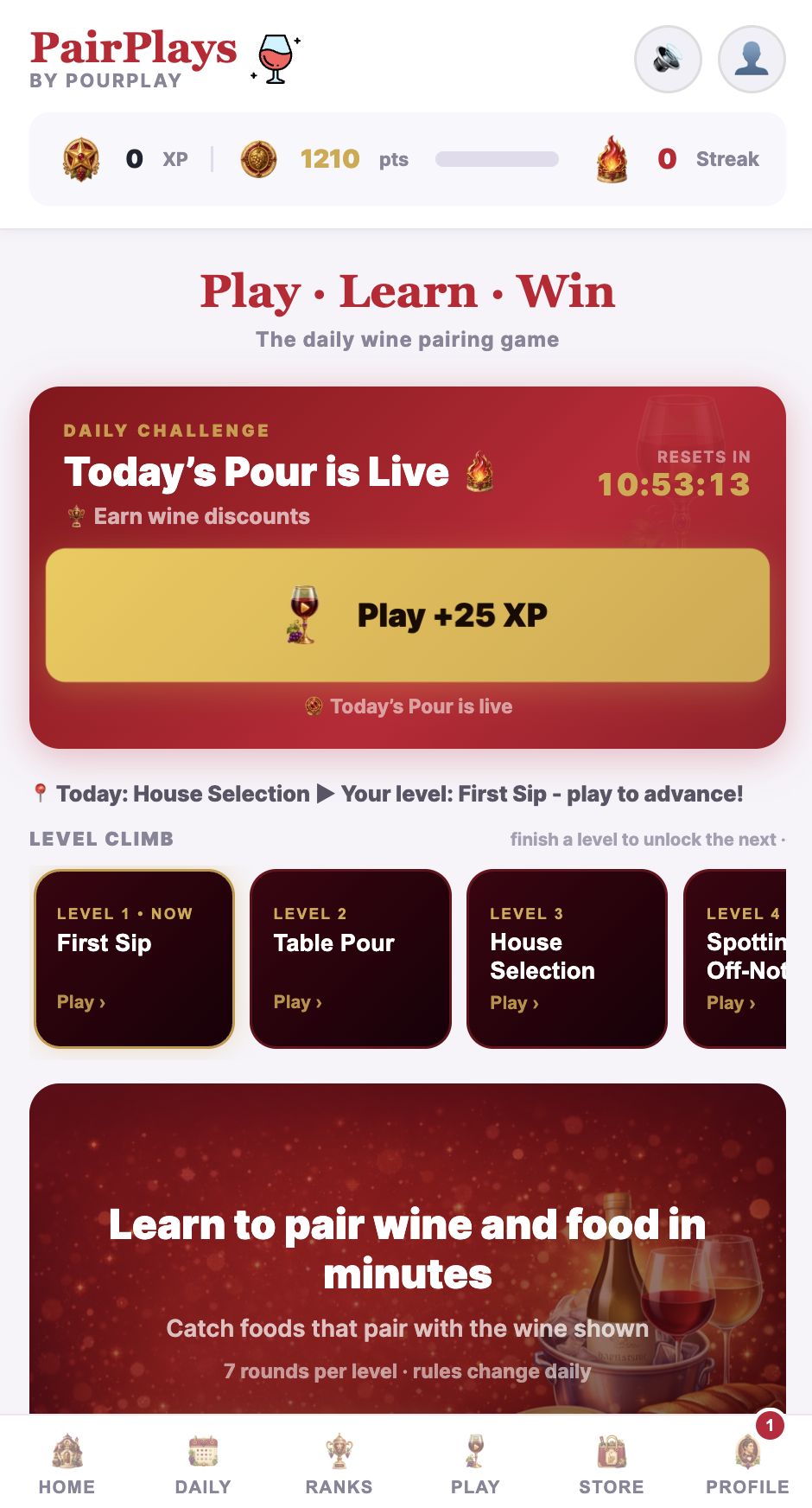 PairPlays daily wine pairing game dashboard